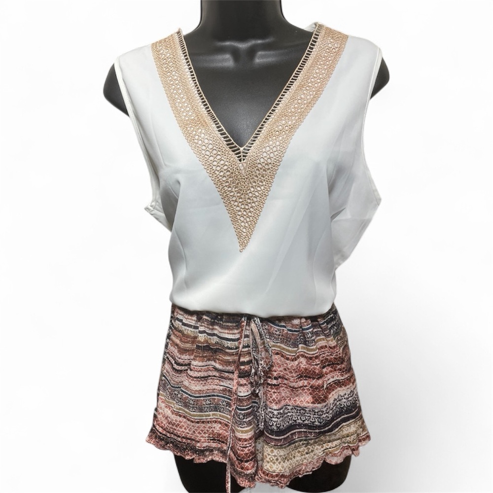 Chic White V-Neck Blouse with Gold Detailing